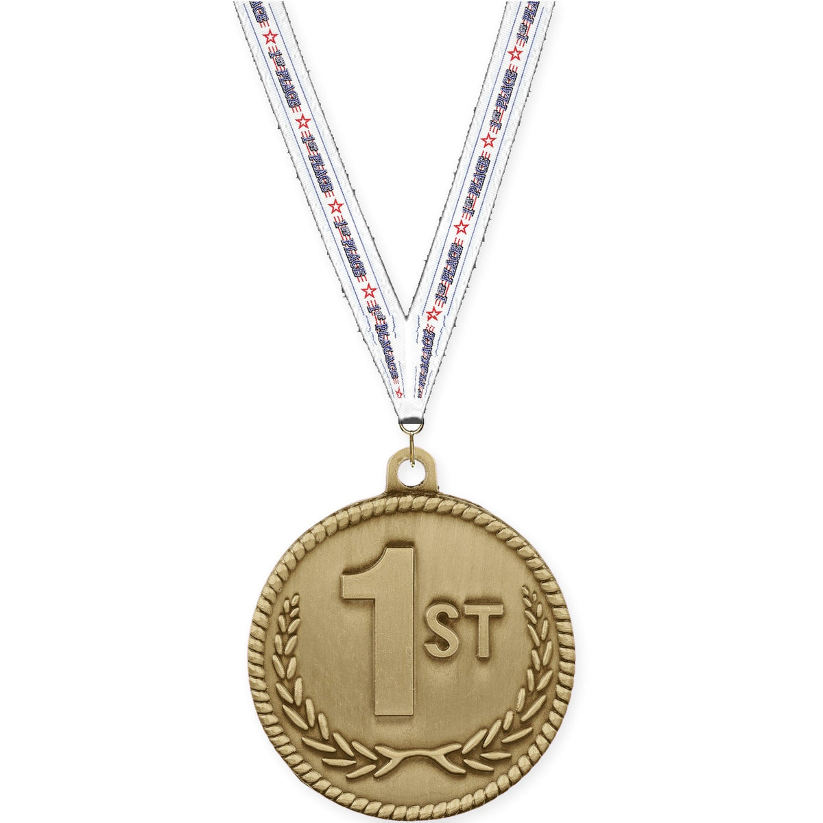 2 inch Place High Relief medal in gold - 1st place with 1st Place neck ribbon