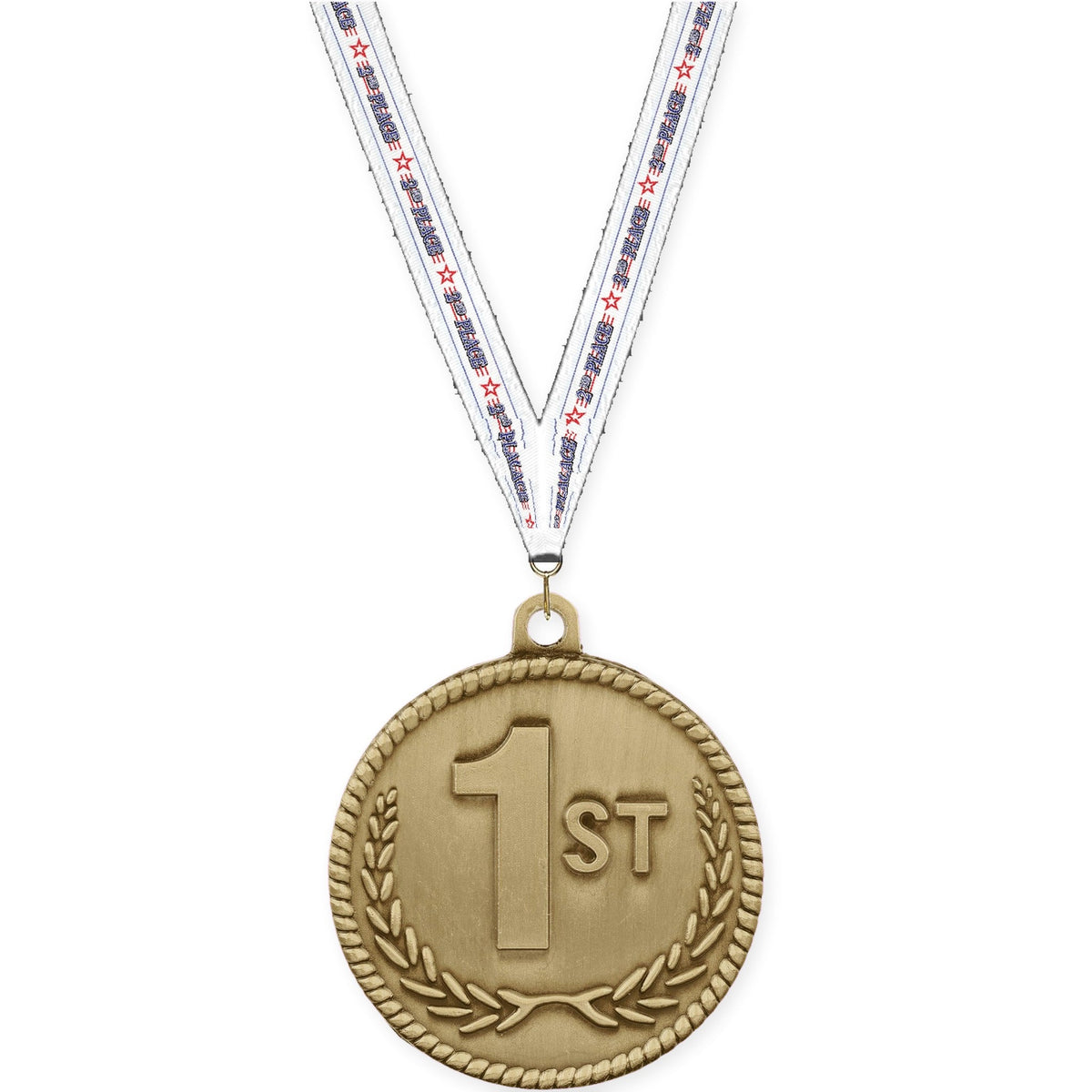 2 inch Place High Relief medal in gold - 1st place with 2nd Place neck ribbon