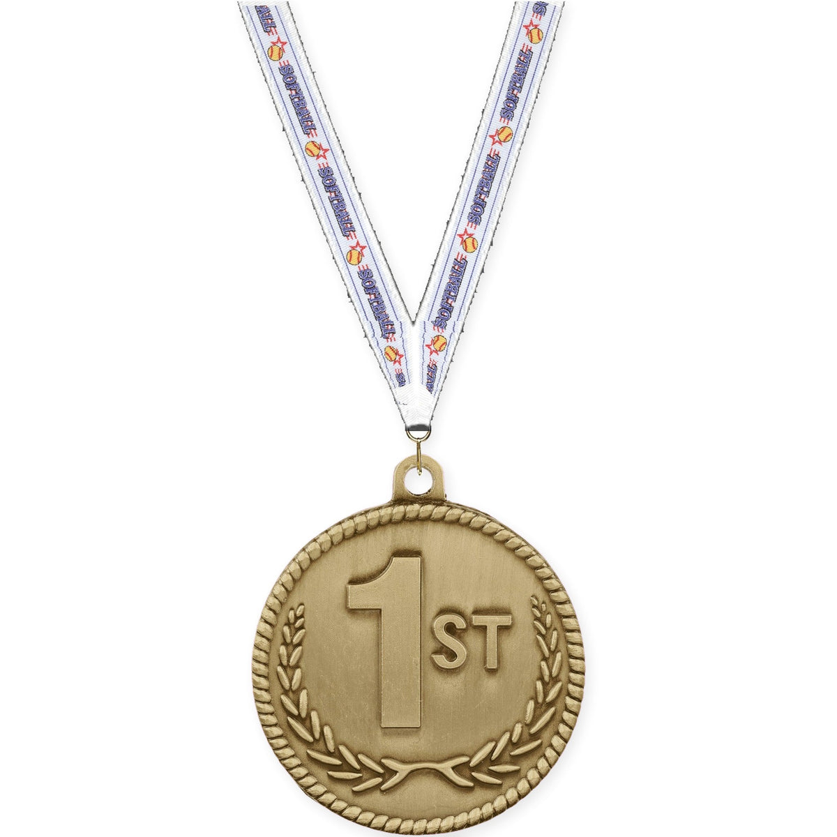 2 inch Place High Relief medal in gold - 1st place with Softball neck ribbon