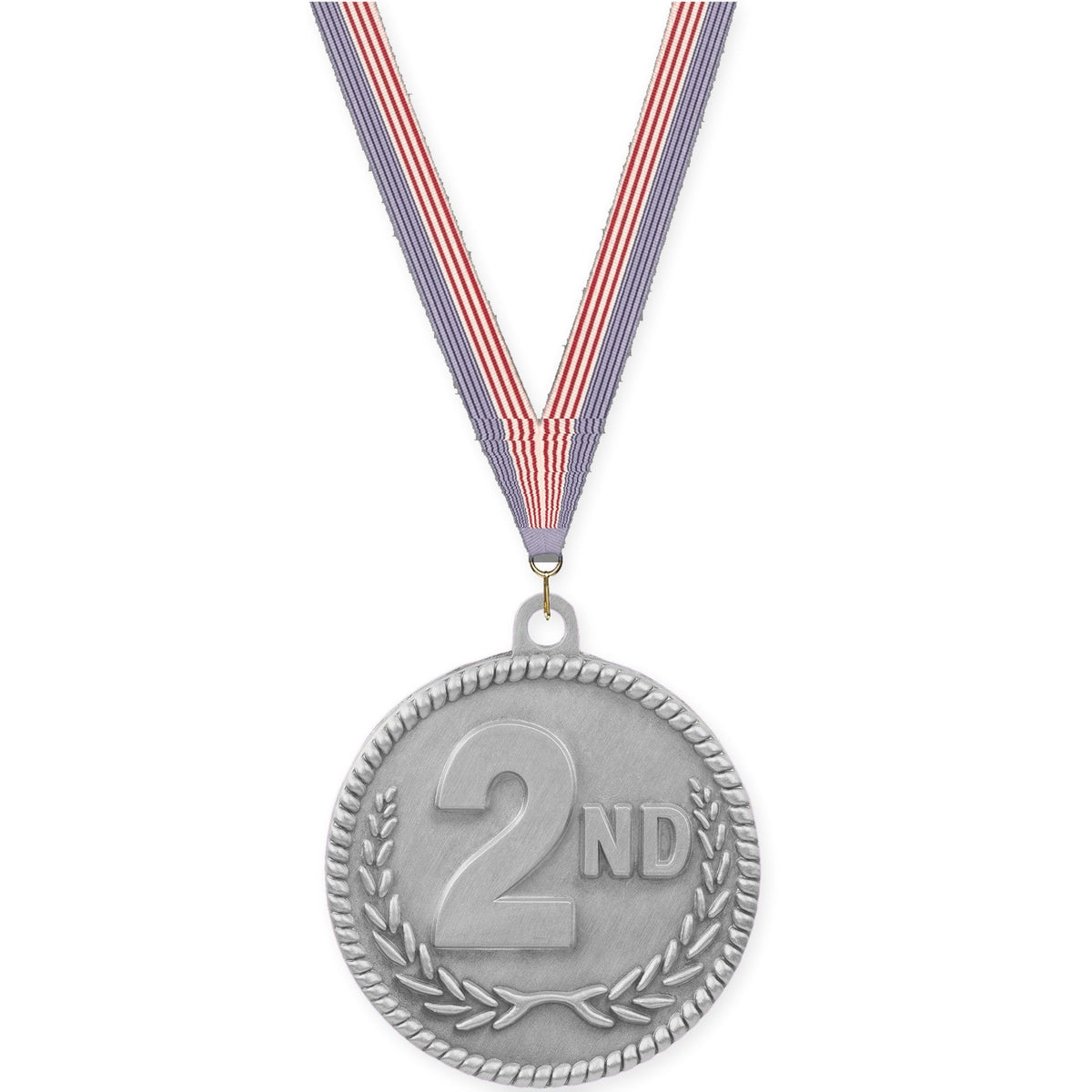 2 inch Place High Relief medal in silver - 2nd place with USA Flag neck ribbon
