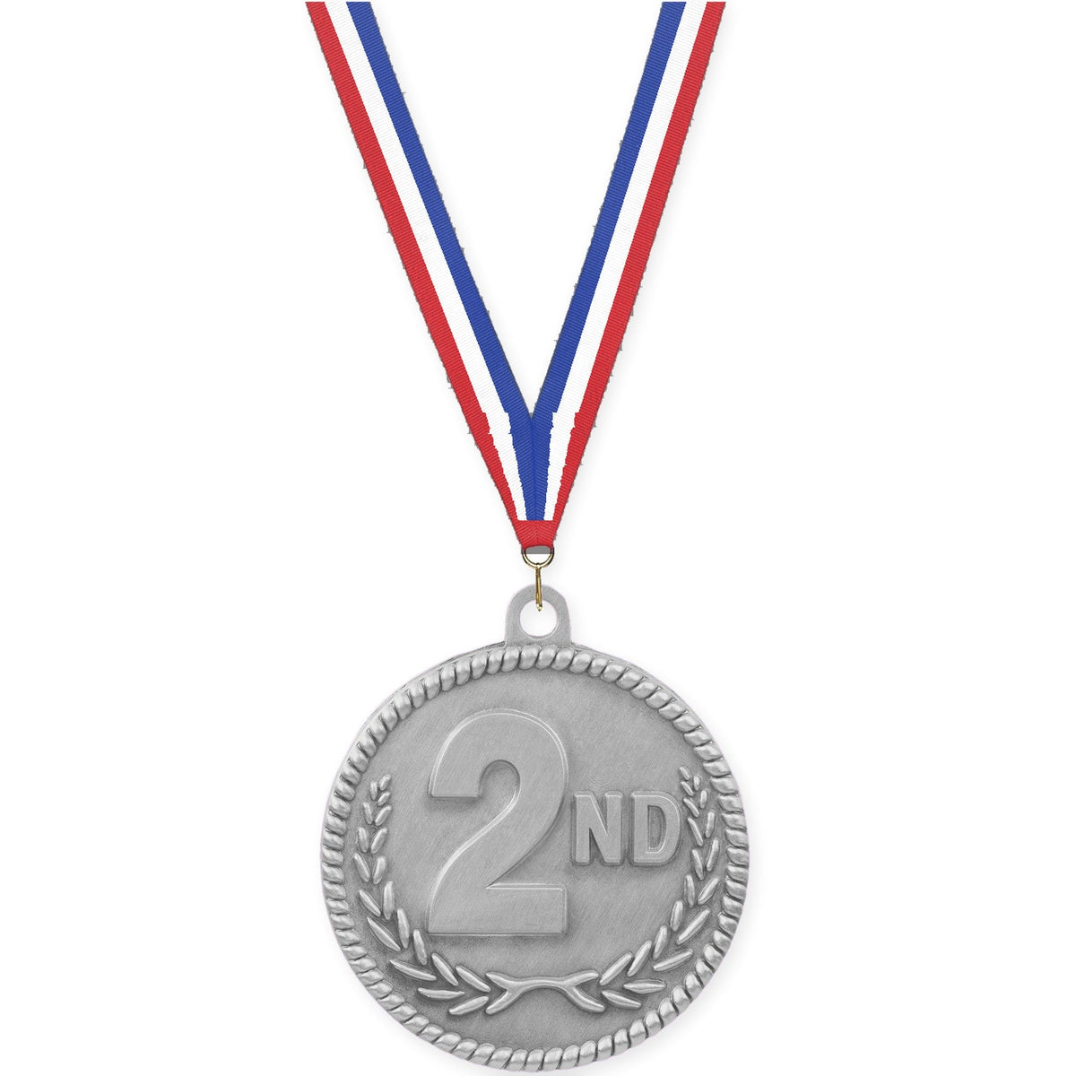 2 inch Place High Relief medal in silver - 2nd place with Red White Blue neck ribbon