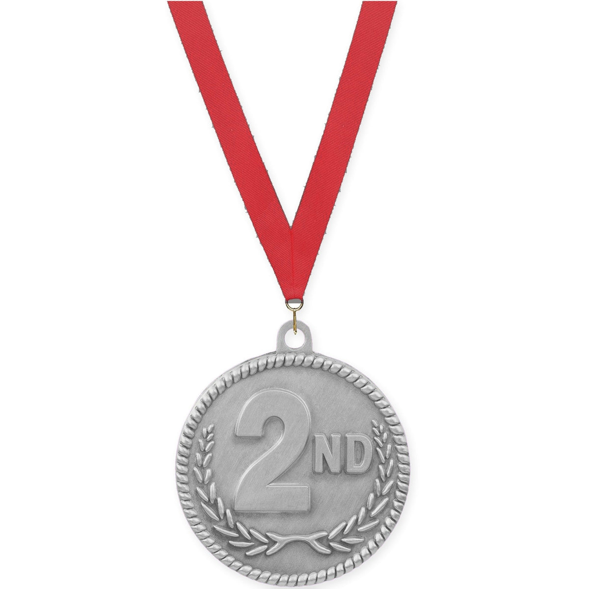 2 inch Place High Relief medal in silver - 2nd place with Red neck ribbon