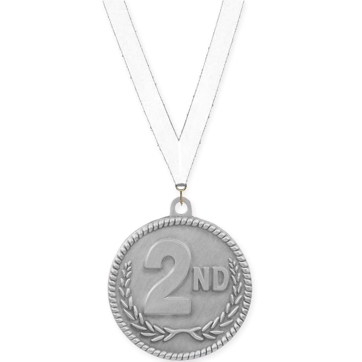 2 inch Place High Relief medal in silver - 2nd place with White neck ribbon