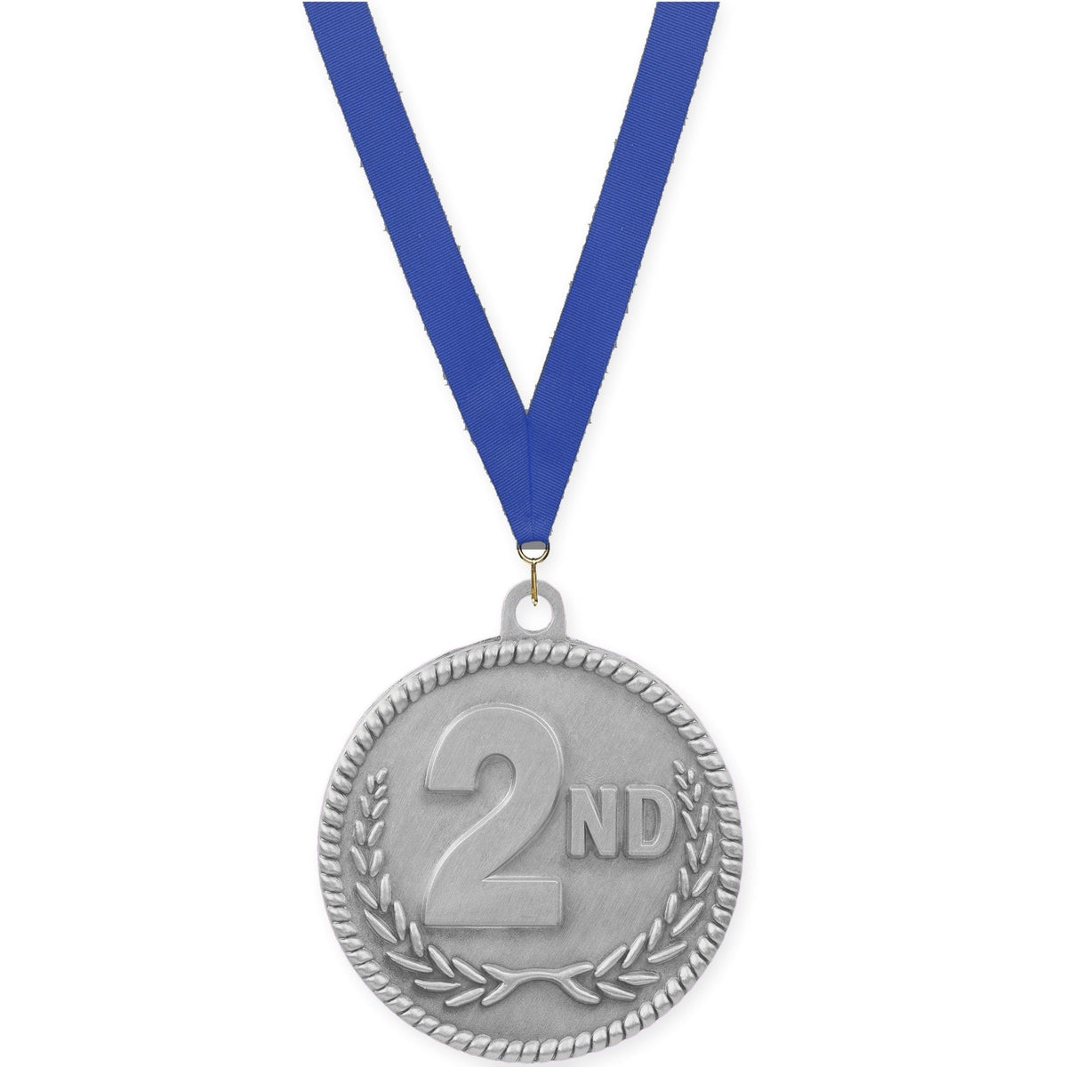 2 inch Place High Relief medal in silver - 2nd place with Blue neck ribbon