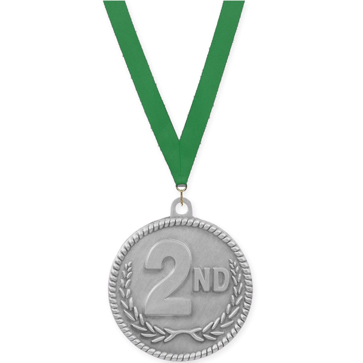 2 inch Place High Relief medal in silver - 2nd place with Green neck ribbon
