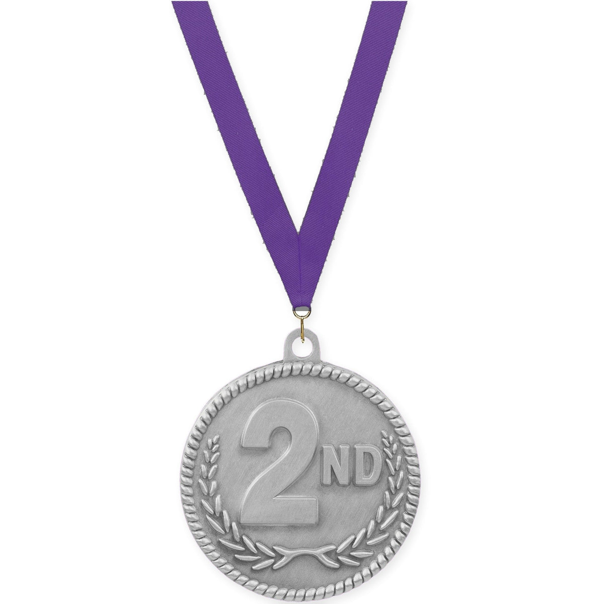 2 inch Place High Relief medal in silver - 2nd place with Purple neck ribbon