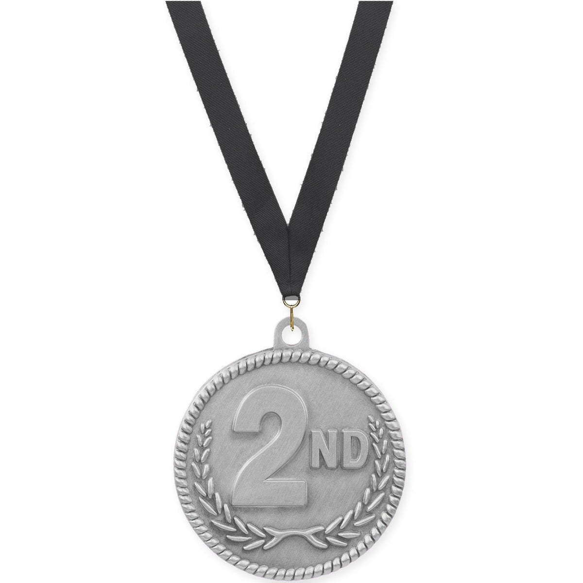 2 inch Place High Relief medal in silver - 2nd place with Black neck ribbon