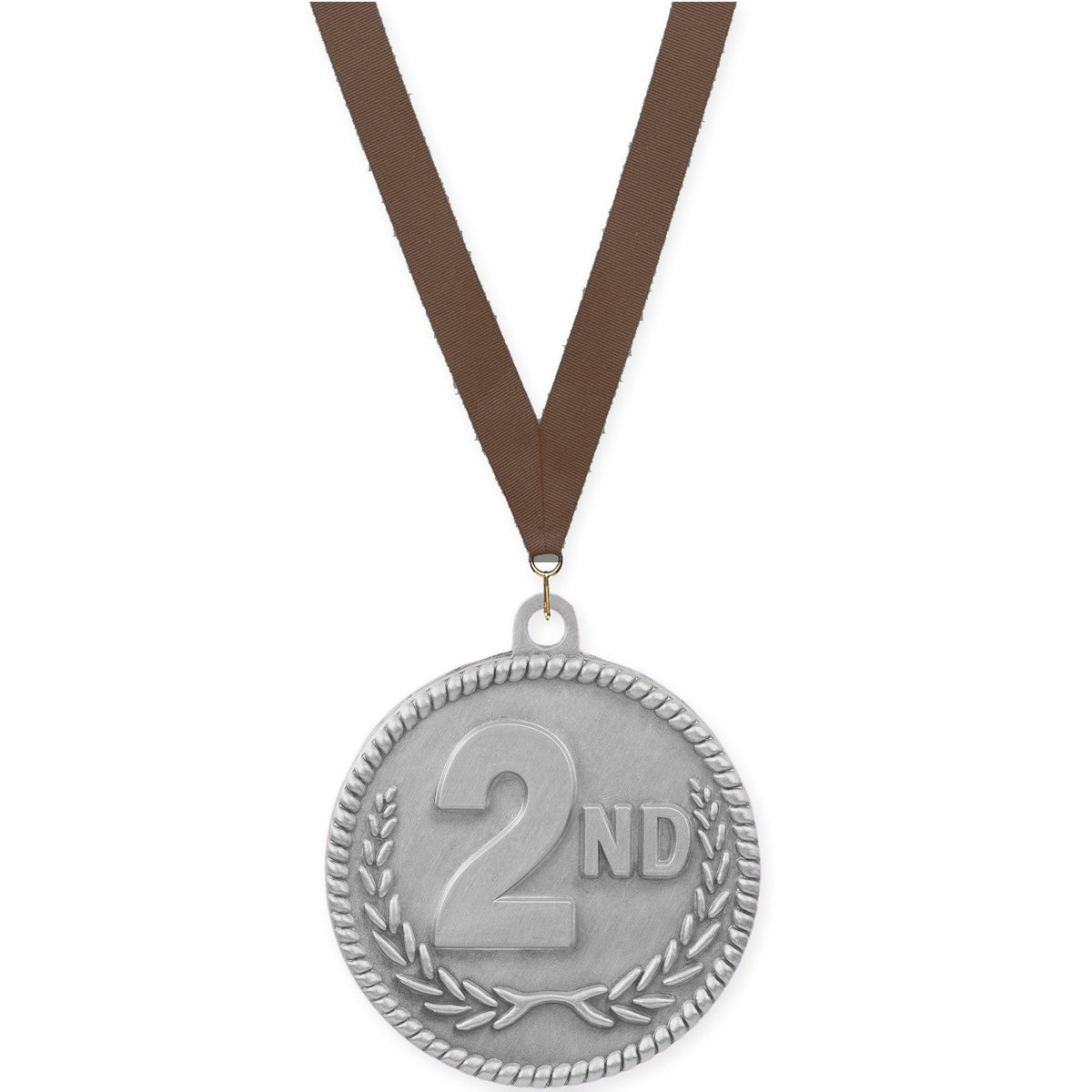 2 inch Place High Relief medal in silver - 2nd place with Brown neck ribbon