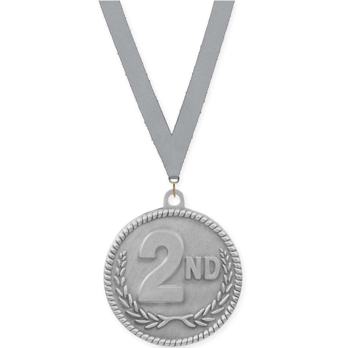 2 inch Place High Relief medal in silver - 2nd place with Gray neck ribbon