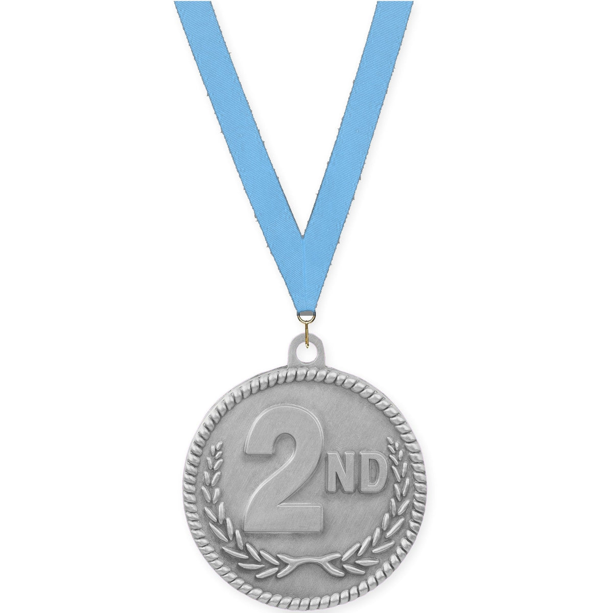 2 inch Place High Relief medal in silver - 2nd place with Light Blue neck ribbon