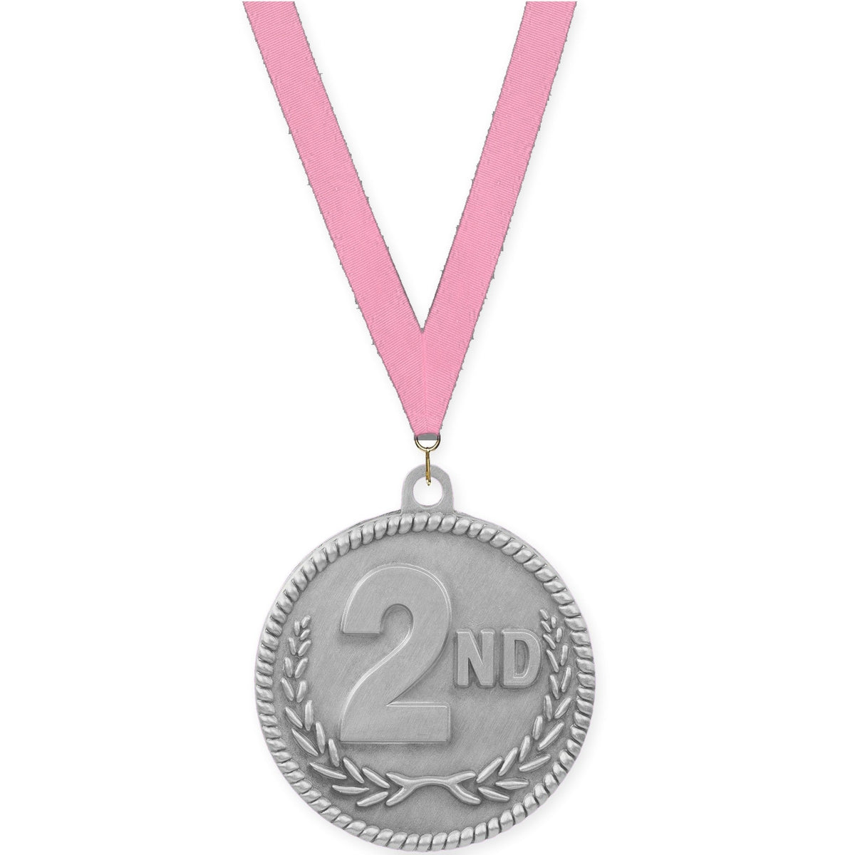 2 inch Place High Relief medal in silver - 2nd place with Pink neck ribbon
