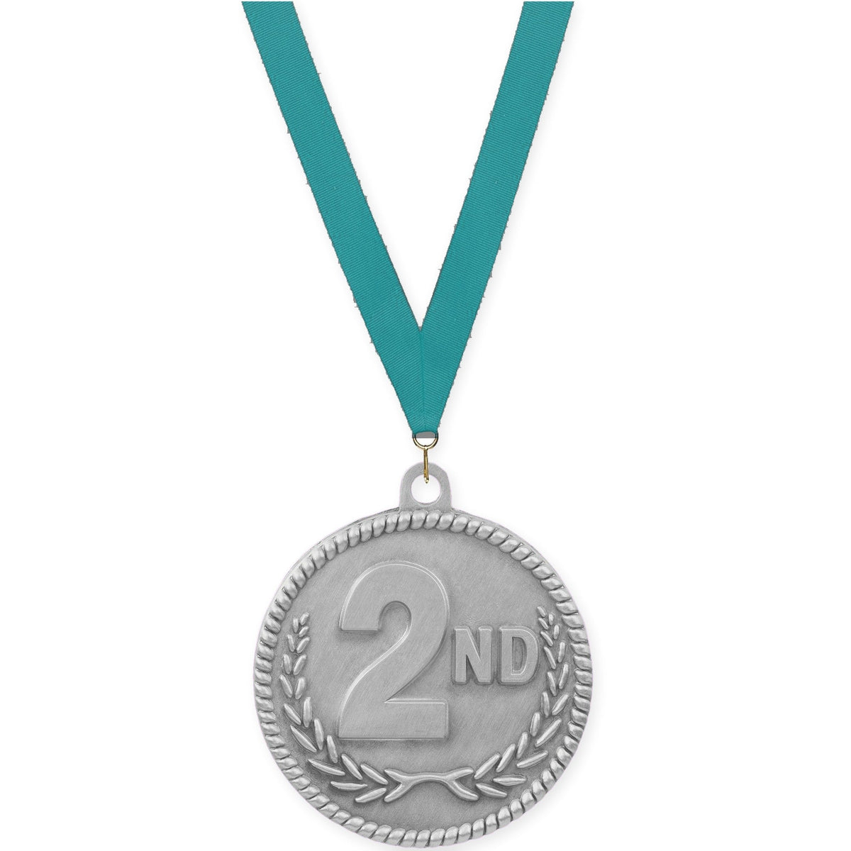 2 inch Place High Relief medal in silver - 2nd place with Teal neck ribbon