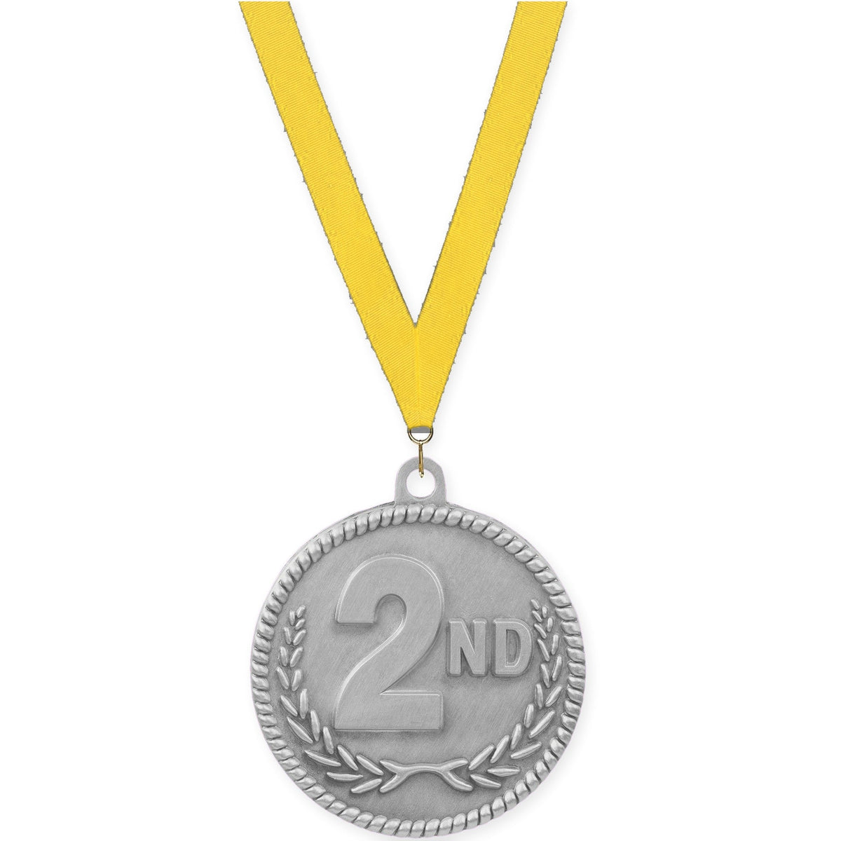 2 inch Place High Relief medal in silver - 2nd place with Yellow neck ribbon