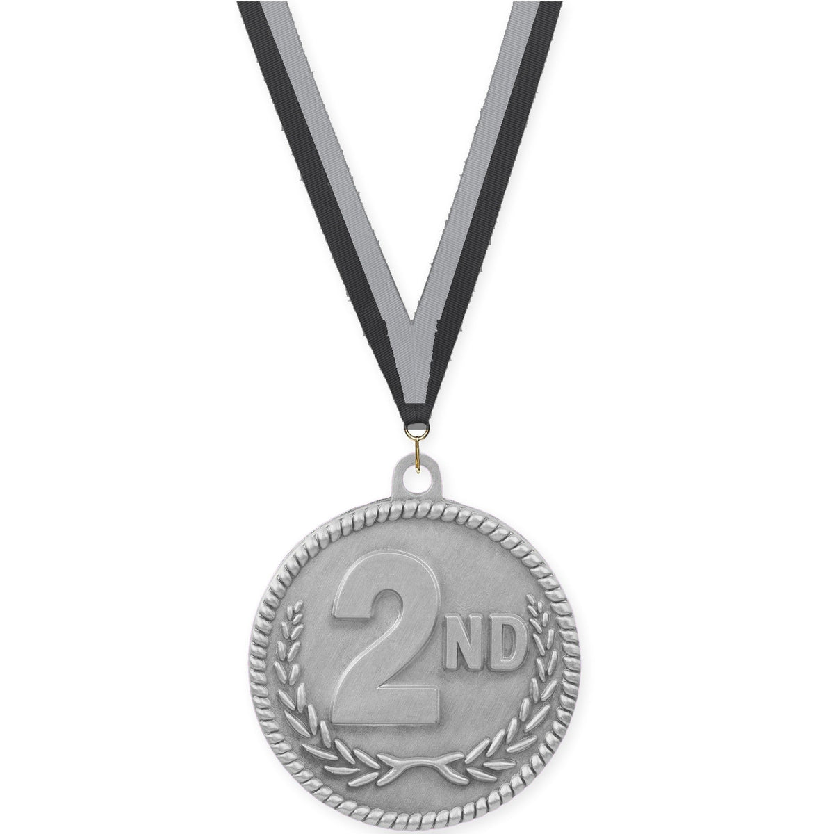 2 inch Place High Relief medal in silver - 2nd place with Black Gray neck ribbon