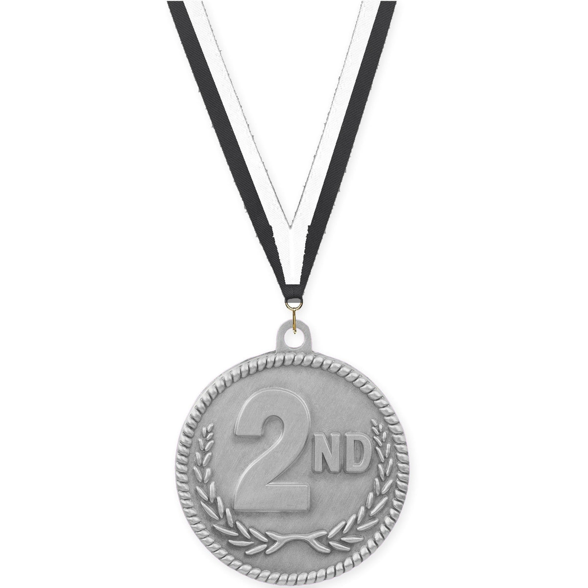 2 inch Place High Relief medal in silver - 2nd place with Black White neck ribbon