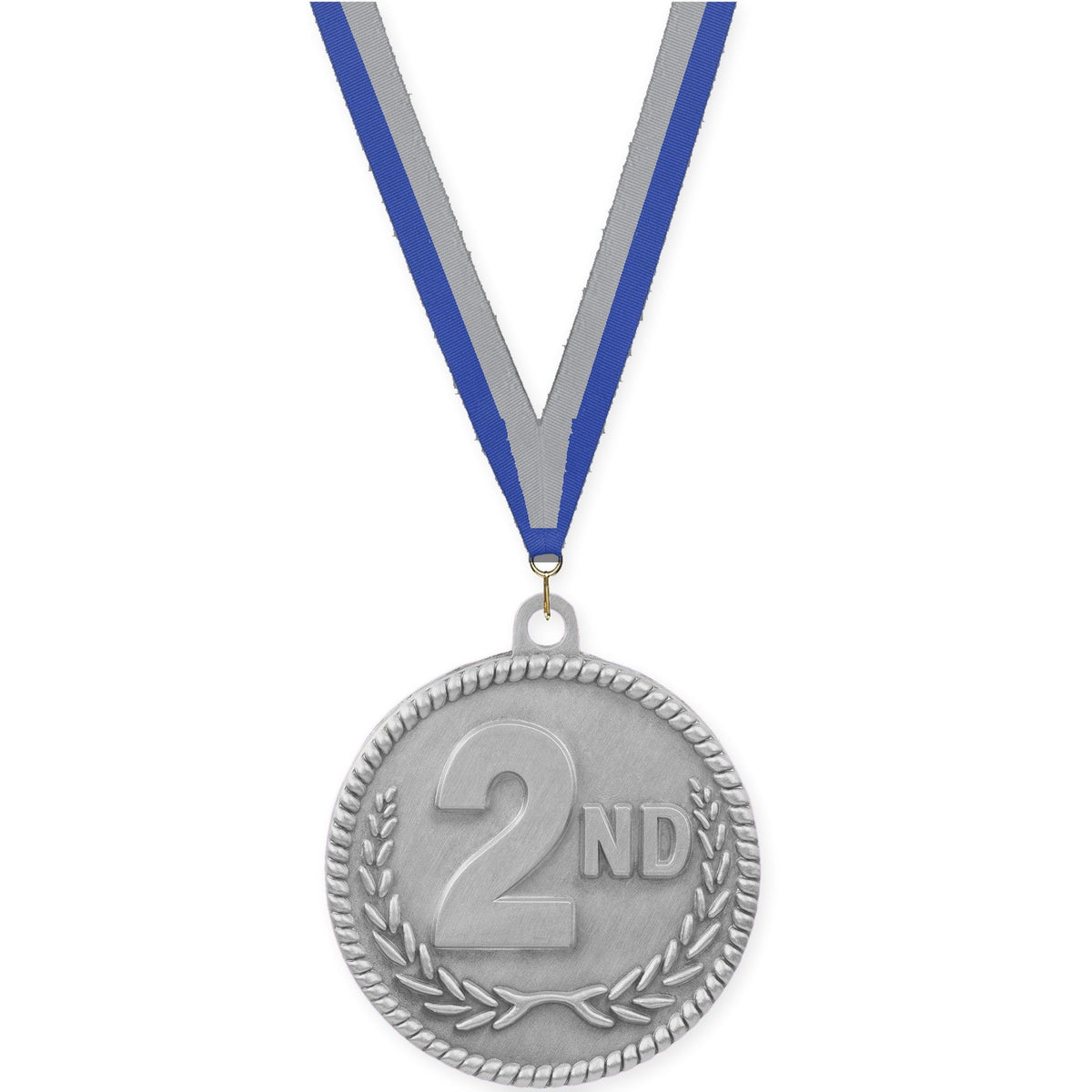 2 inch Place High Relief medal in silver - 2nd place with Blue Gray neck ribbon