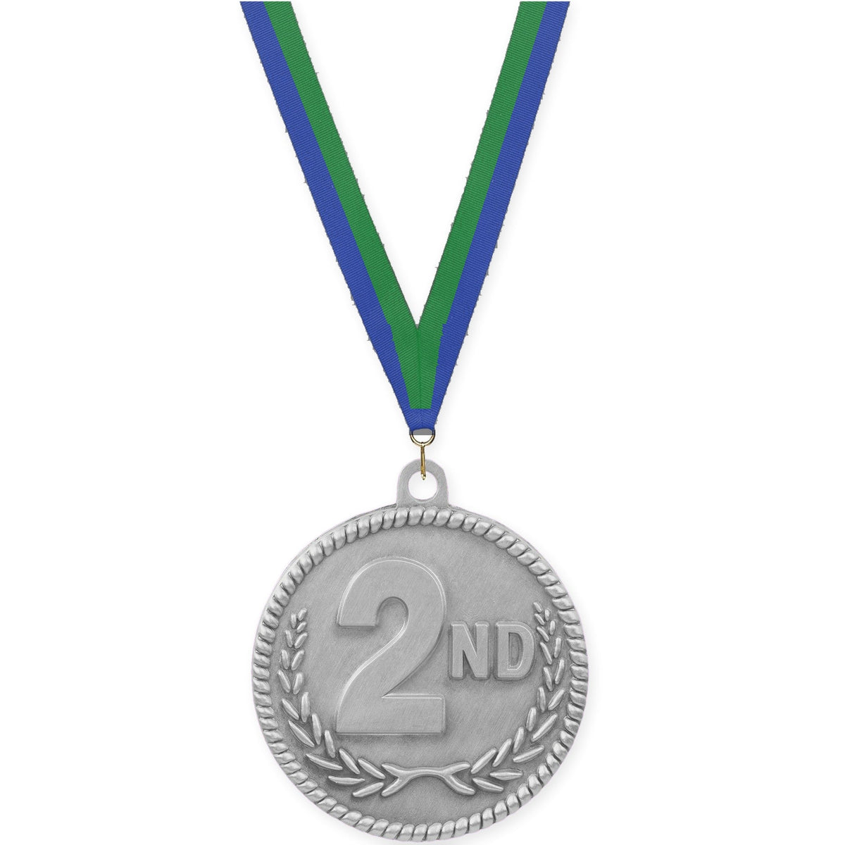 2 inch Place High Relief medal in silver - 2nd place with Blue Green neck ribbon