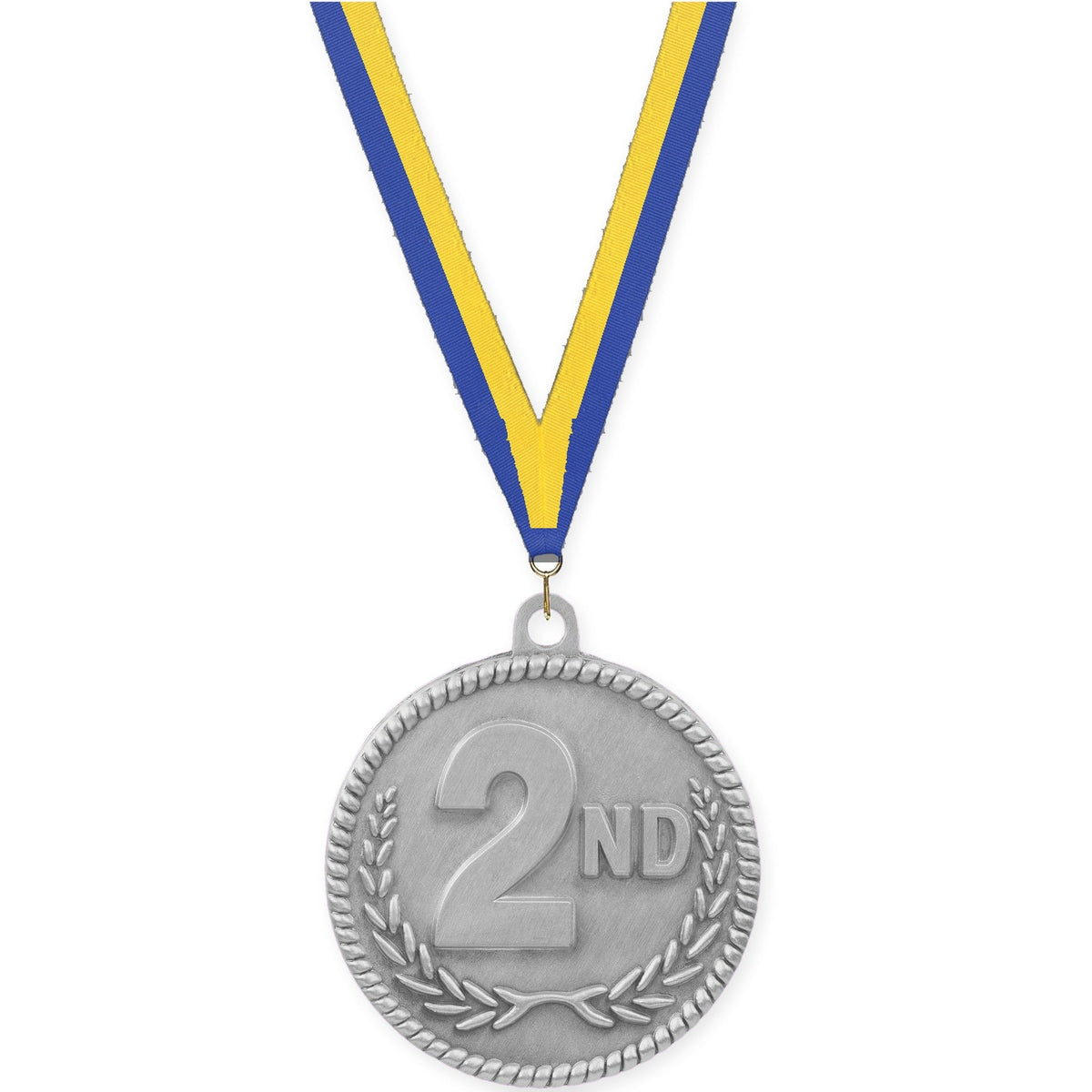 2 inch Place High Relief medal in silver - 2nd place with Blue Yellow neck ribbon