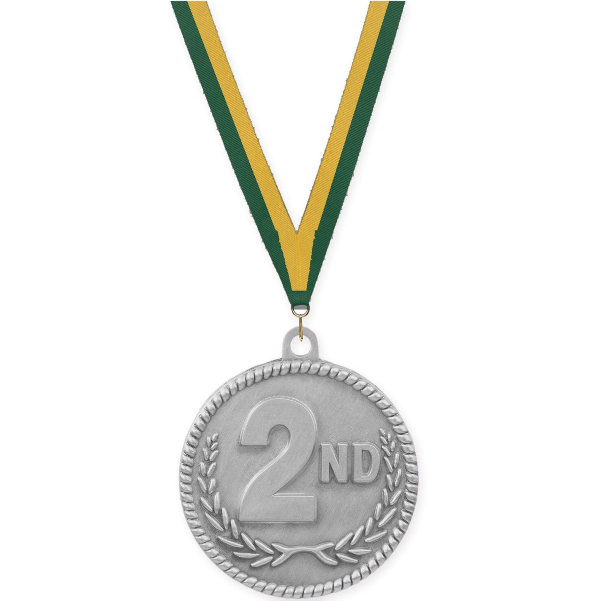 2 inch Place High Relief medal in silver - 2nd place with Hunter Green Gold neck ribbon