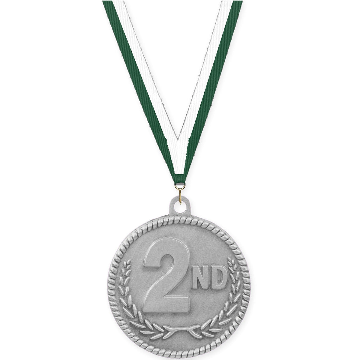 2 inch Place High Relief medal in silver - 2nd place with Hunter Green White neck ribbon