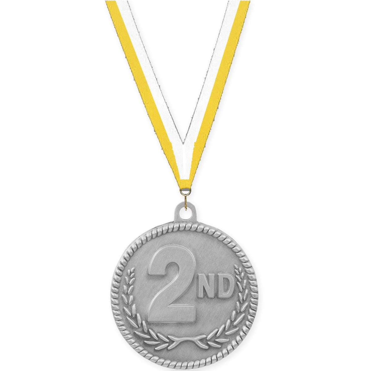 2 inch Place High Relief medal in silver - 2nd place with Yellow White neck ribbon