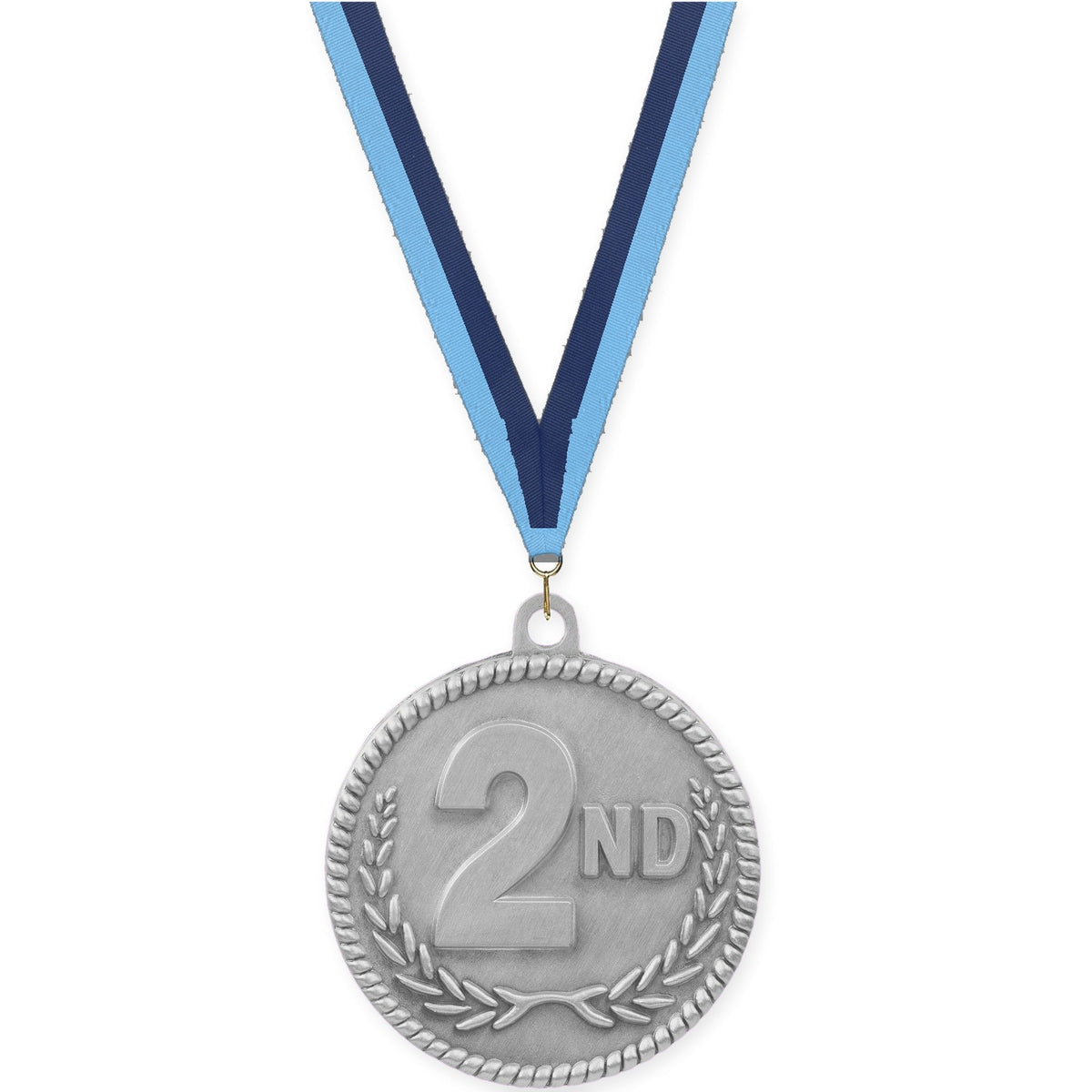 2 inch Place High Relief medal in silver - 2nd place with Light Blue Navy neck ribbon
