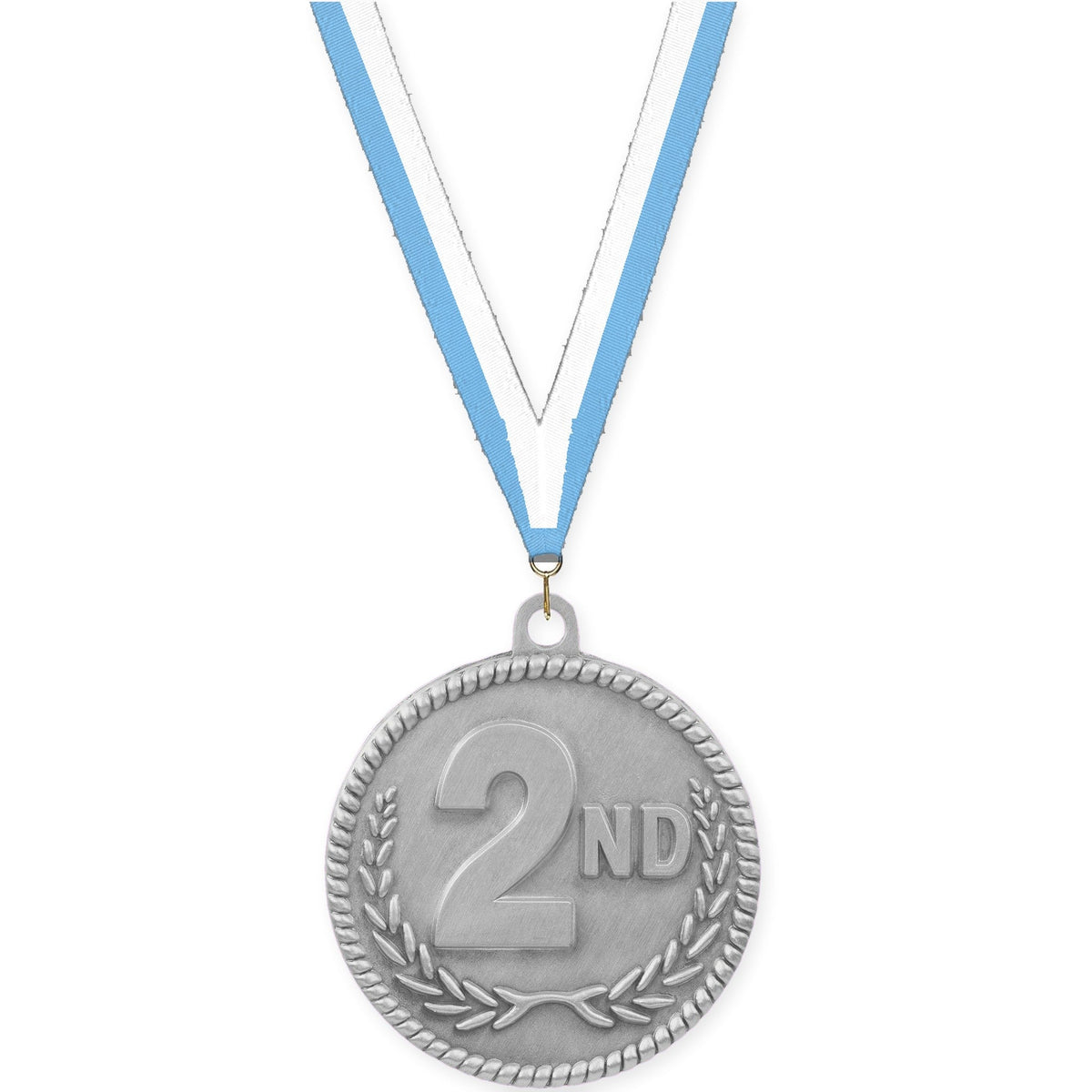 2 inch Place High Relief medal in silver - 2nd place with Light Blue White neck ribbon