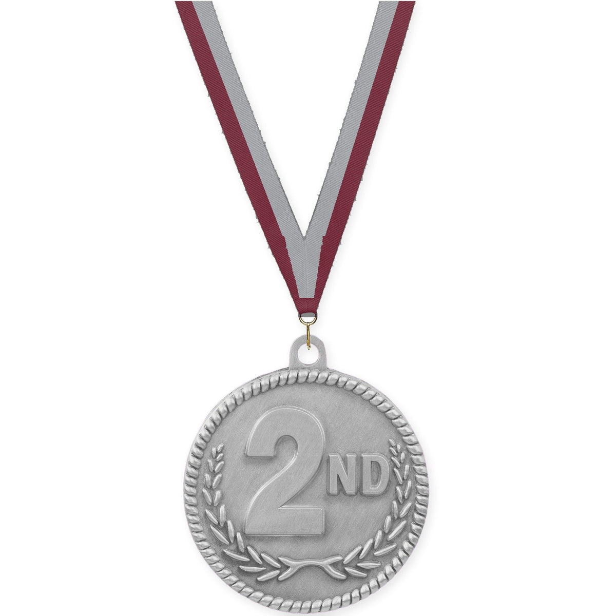 2 inch Place High Relief medal in silver - 2nd place with Maroon Gray neck ribbon