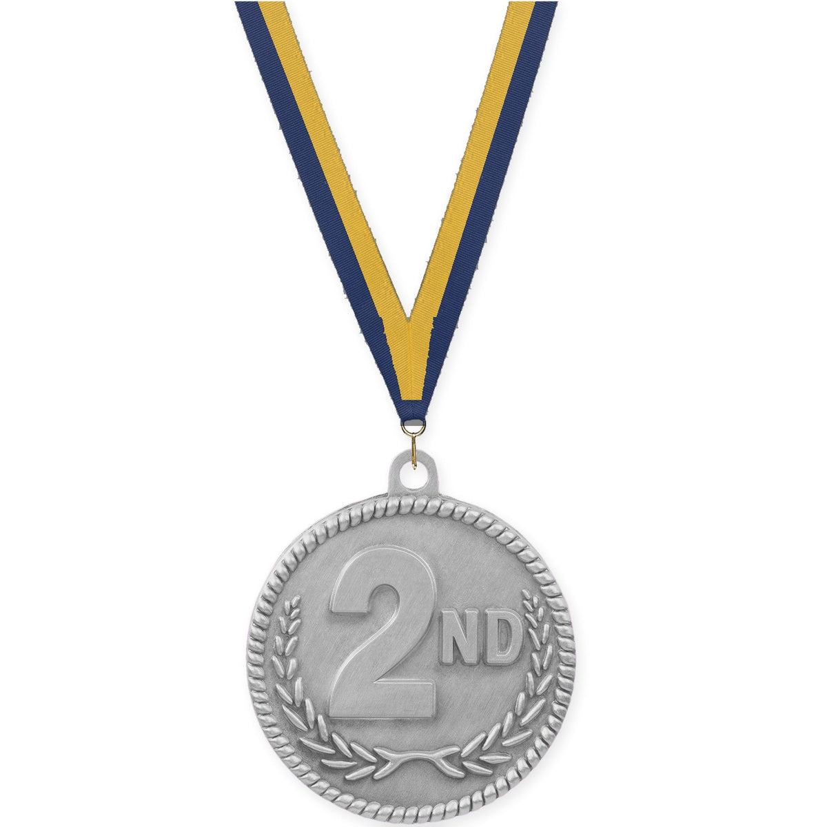 2 inch Place High Relief medal in silver - 2nd place with Navy Gold neck ribbon