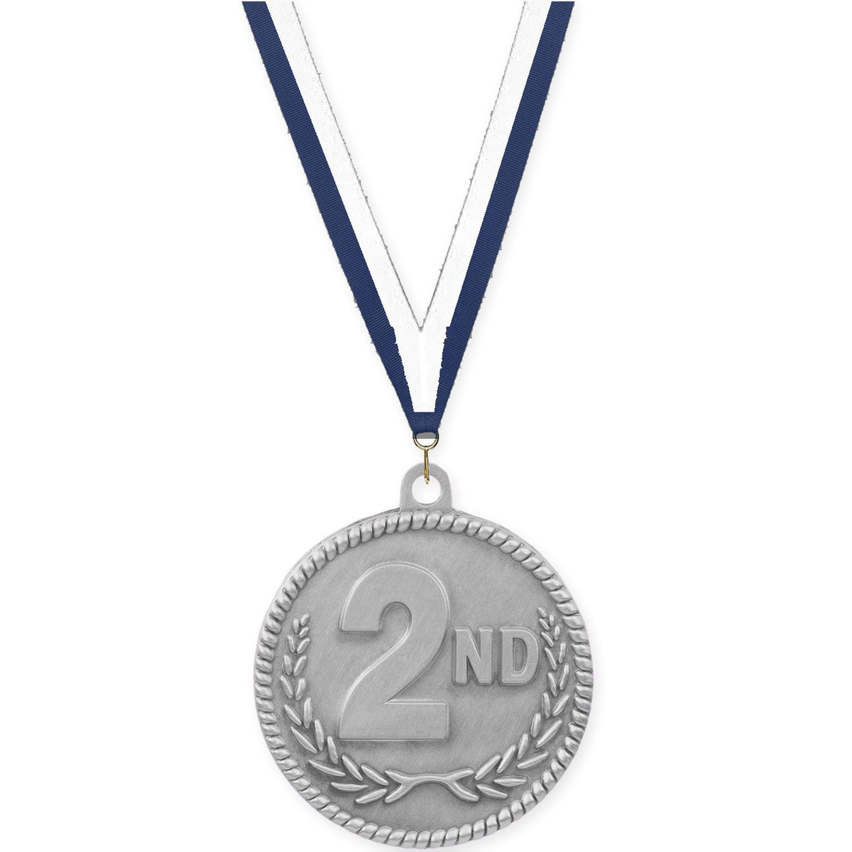2 inch Place High Relief medal in silver - 2nd place with Navy White neck ribbon