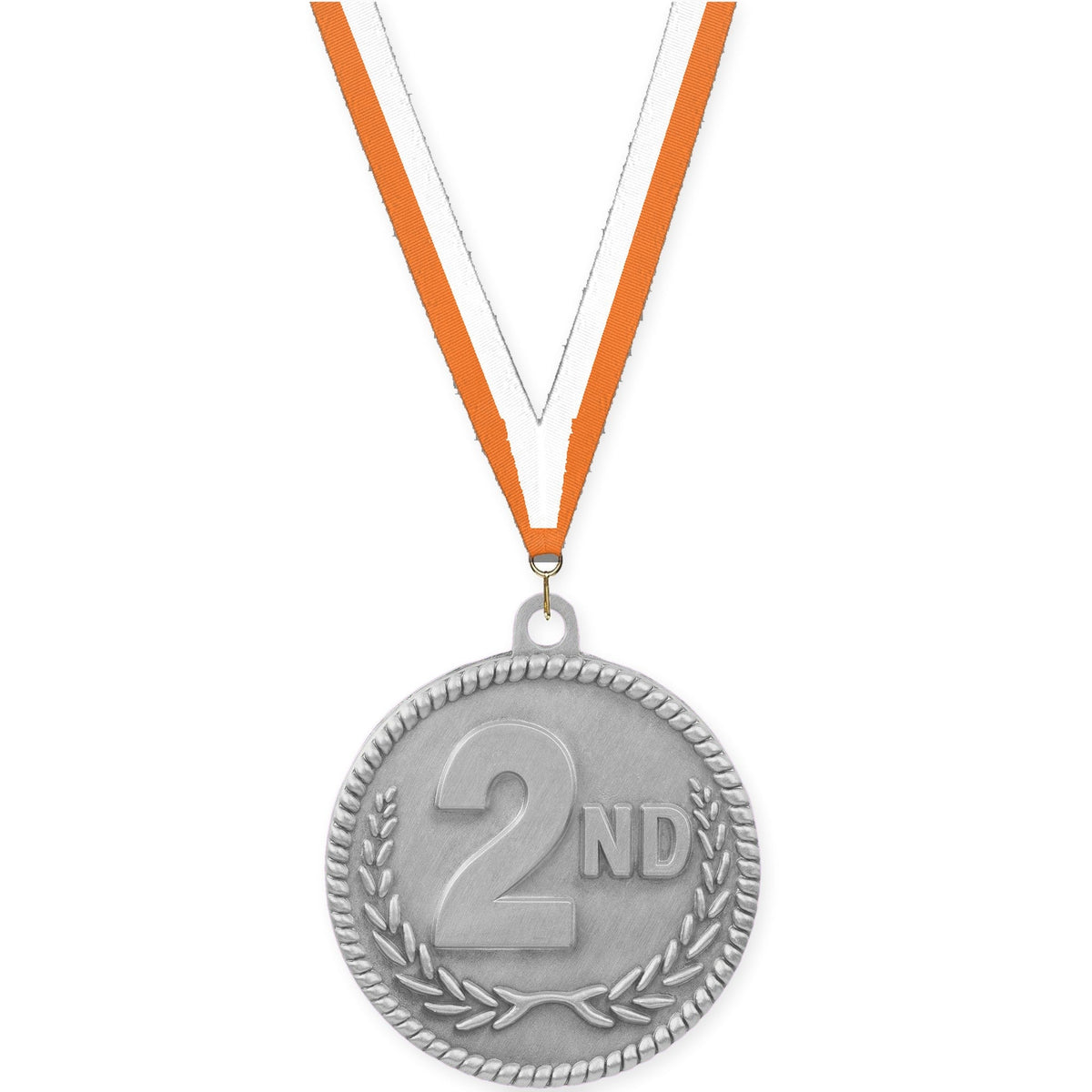 2 inch Place High Relief medal in silver - 2nd place with Orange White neck ribbon