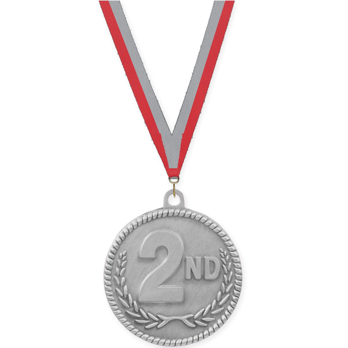 2 inch Place High Relief medal in silver - 2nd place with Red Gray neck ribbon