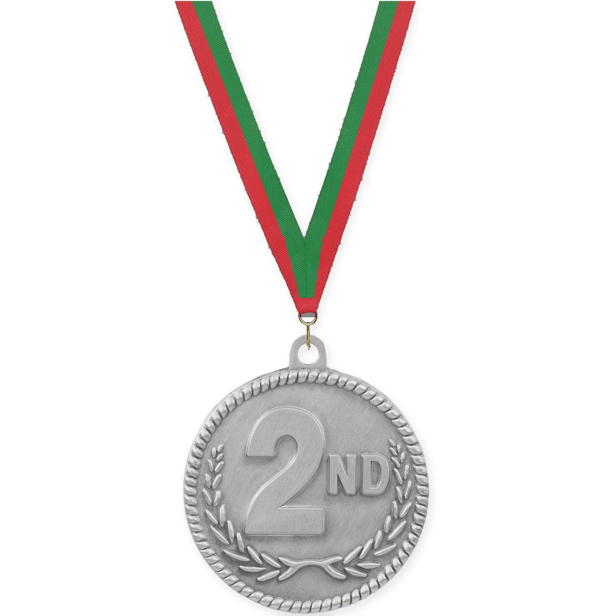 2 inch Place High Relief medal in silver - 2nd place with Red Green neck ribbon
