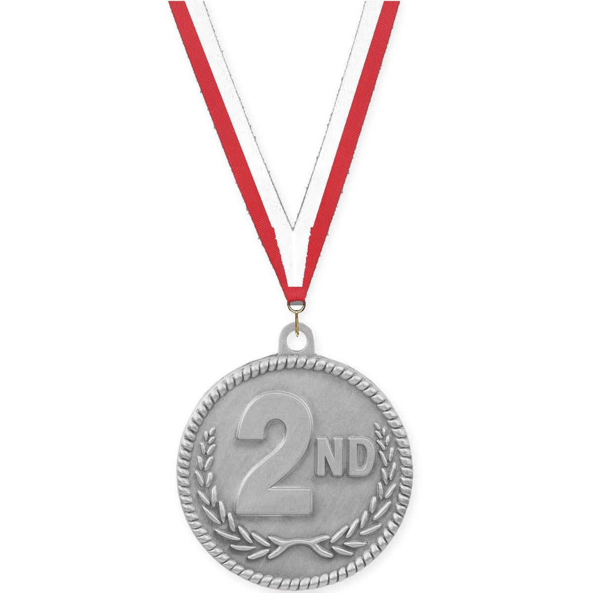 2 inch Place High Relief medal in silver - 2nd place with Red White neck ribbon