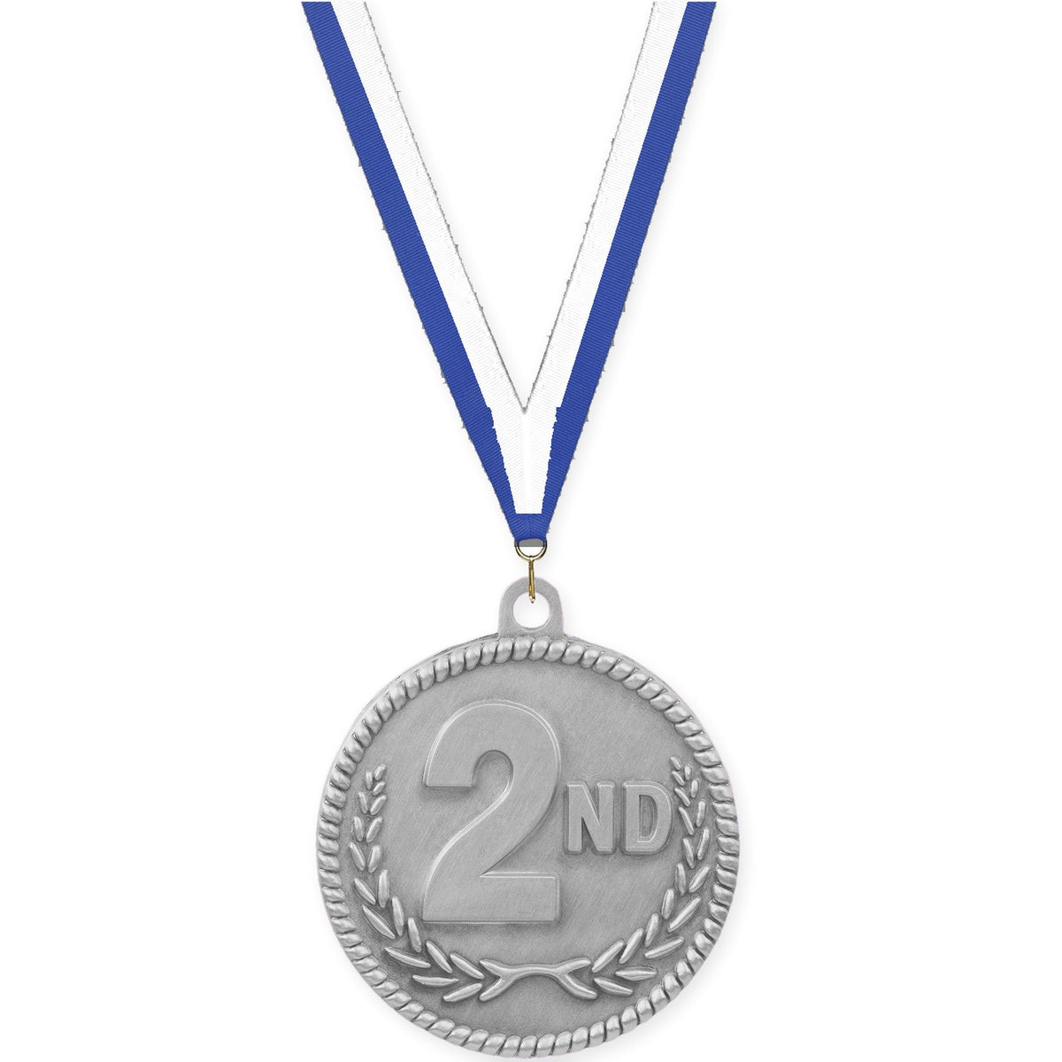 2 inch Place High Relief medal in silver - 2nd place with Blue White neck ribbon
