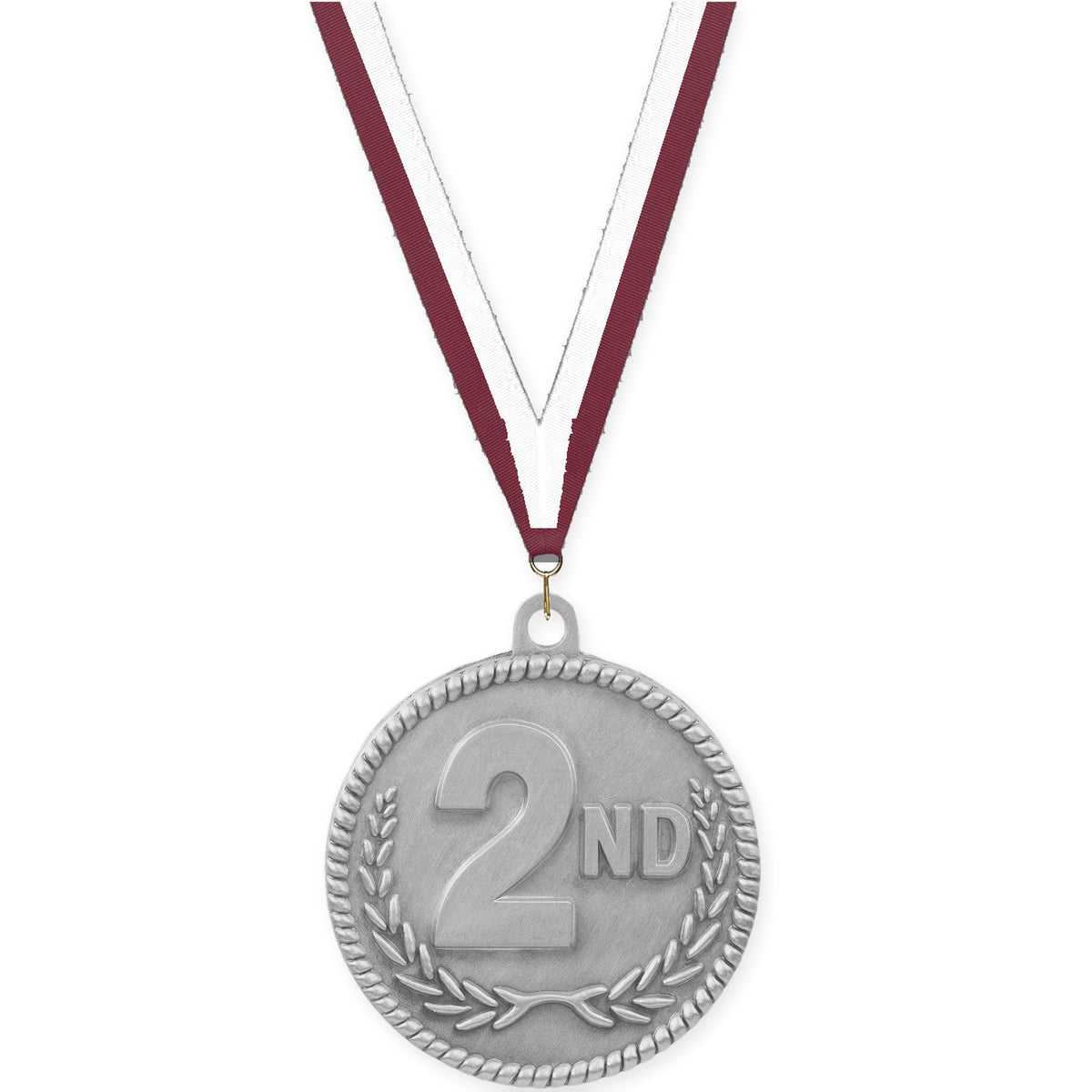2 inch Place High Relief medal in silver - 2nd place with Maroon White neck ribbon