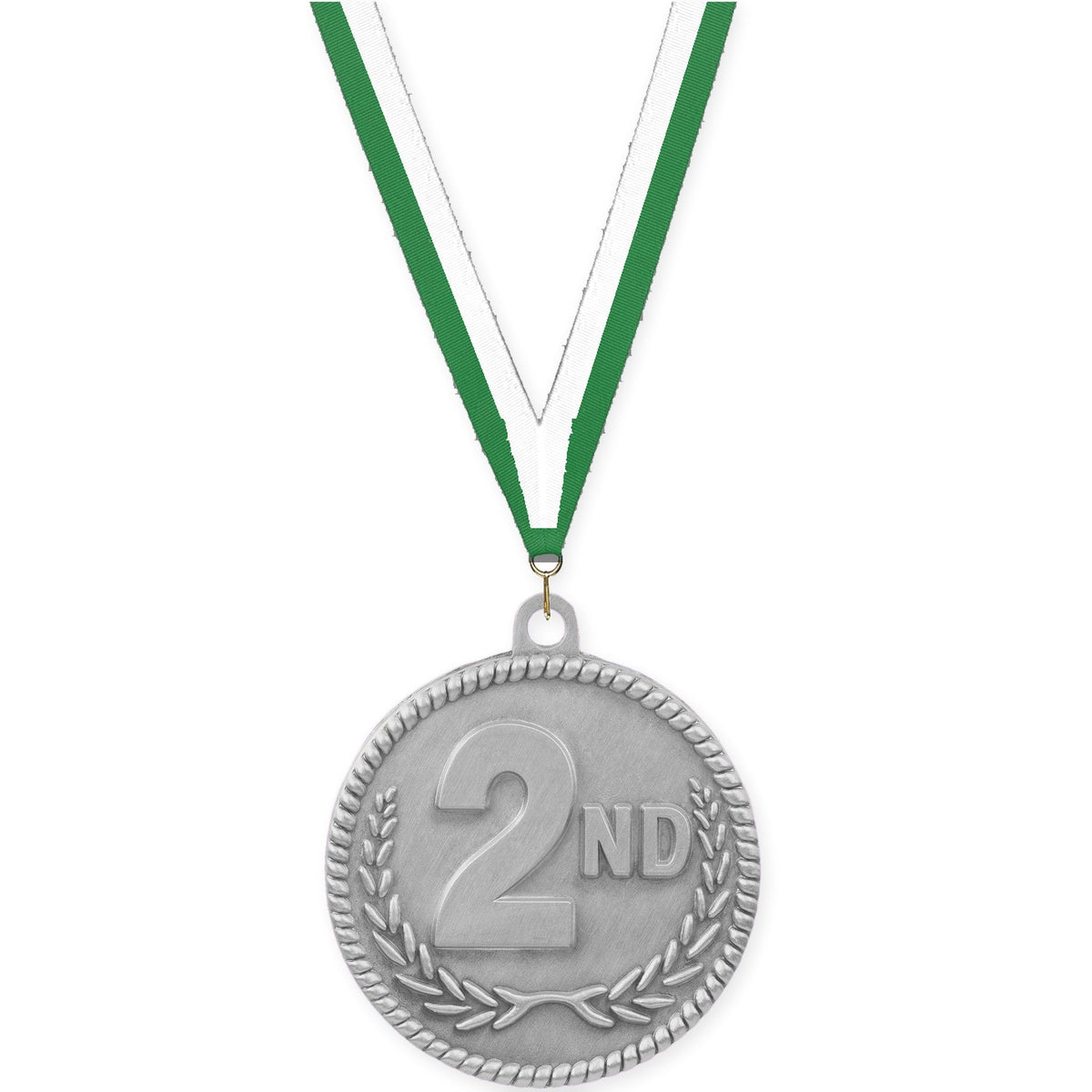 2 inch Place High Relief medal in silver - 2nd place with Green White neck ribbon