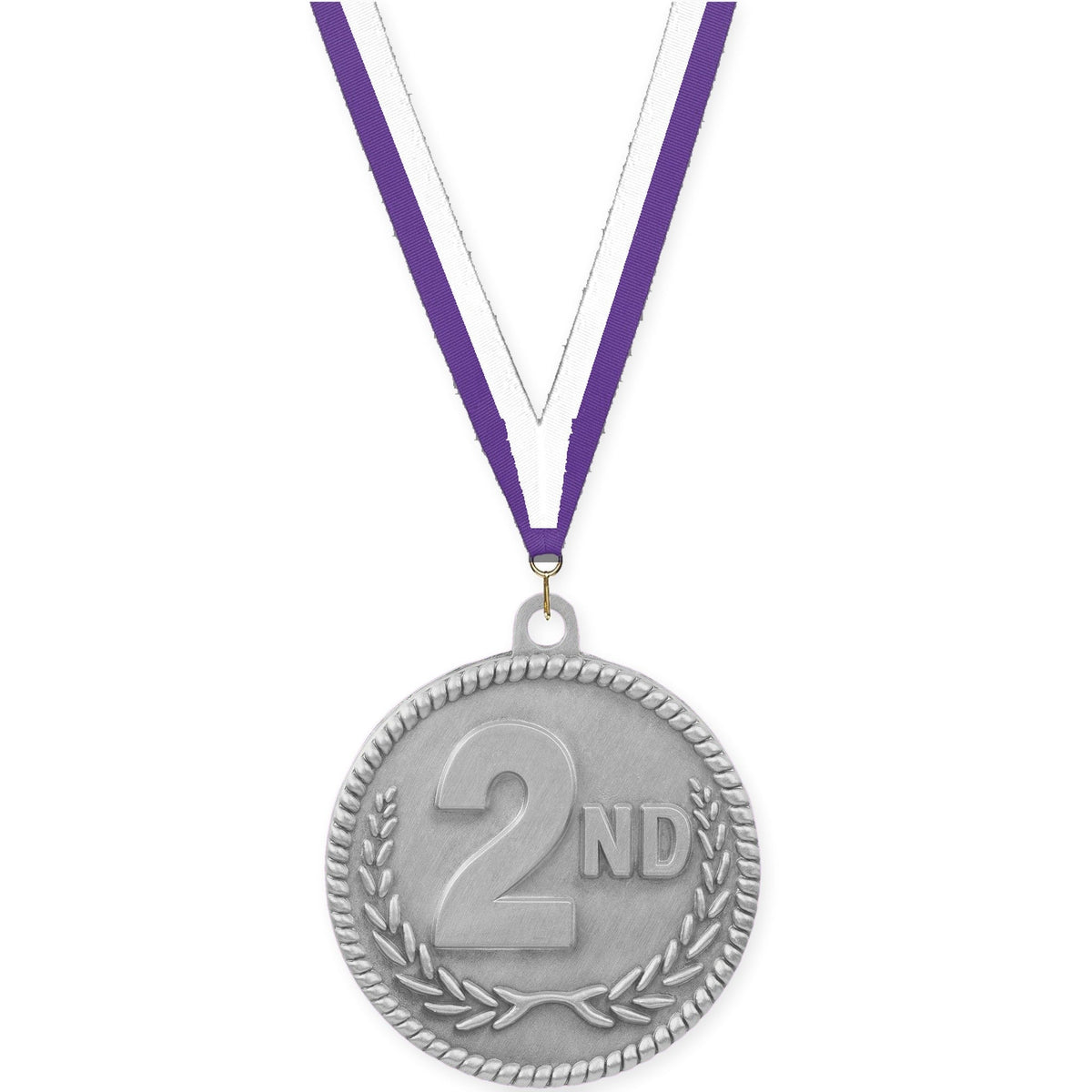2 inch Place High Relief medal in silver - 2nd place with Purple White neck ribbon