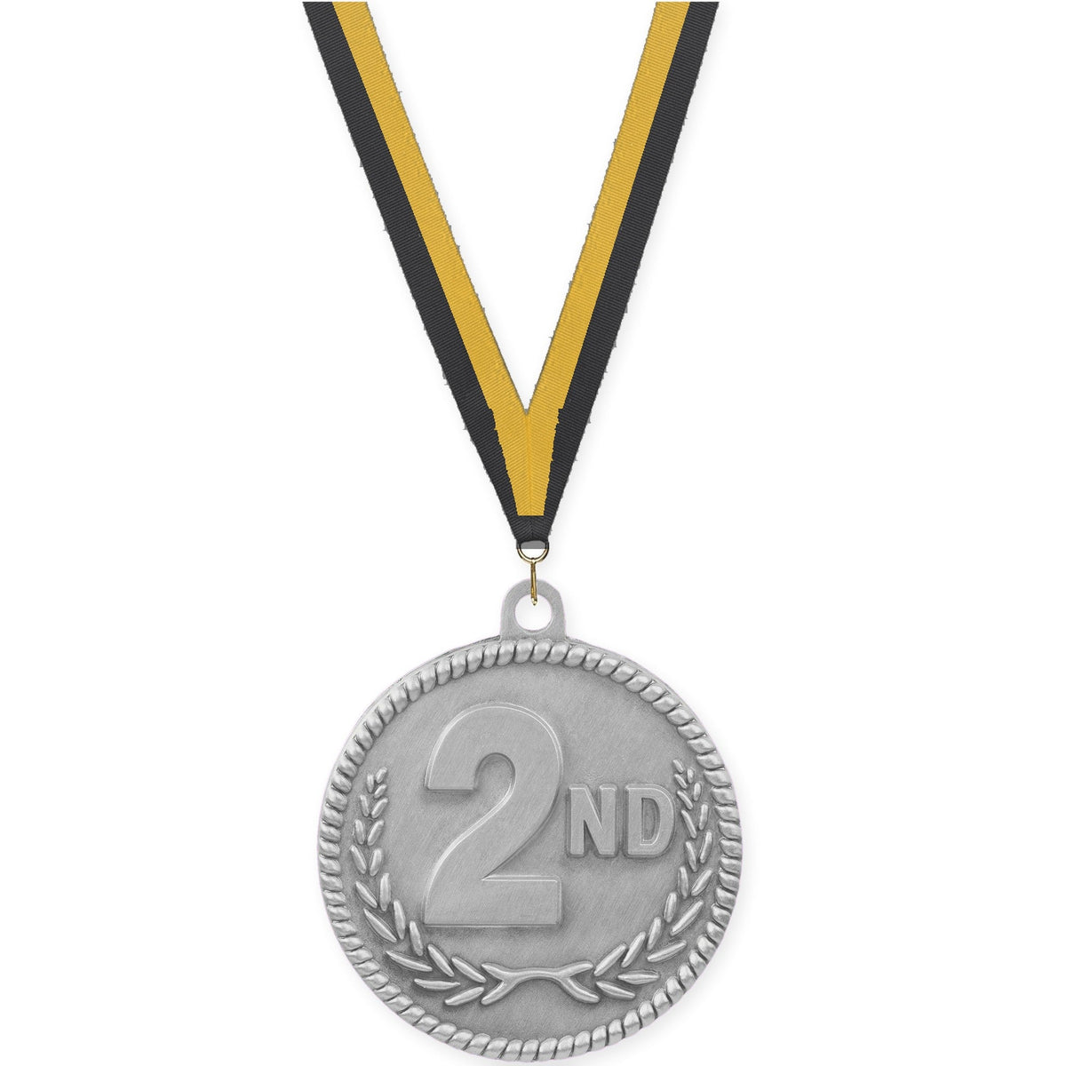 2 inch Place High Relief medal in silver - 2nd place with Black Gold neck ribbon