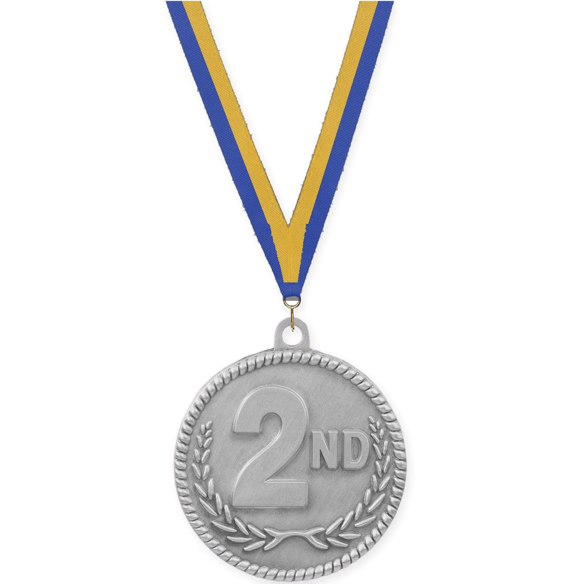 2 inch Place High Relief medal in silver - 2nd place with Blue Gold neck ribbon