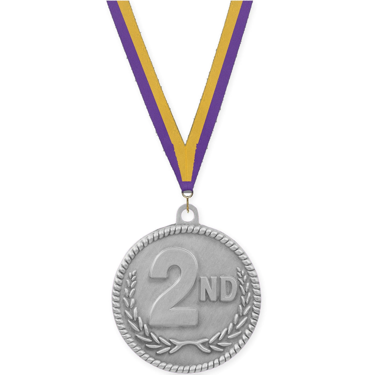 2 inch Place High Relief medal in silver - 2nd place with Purple Gold neck ribbon
