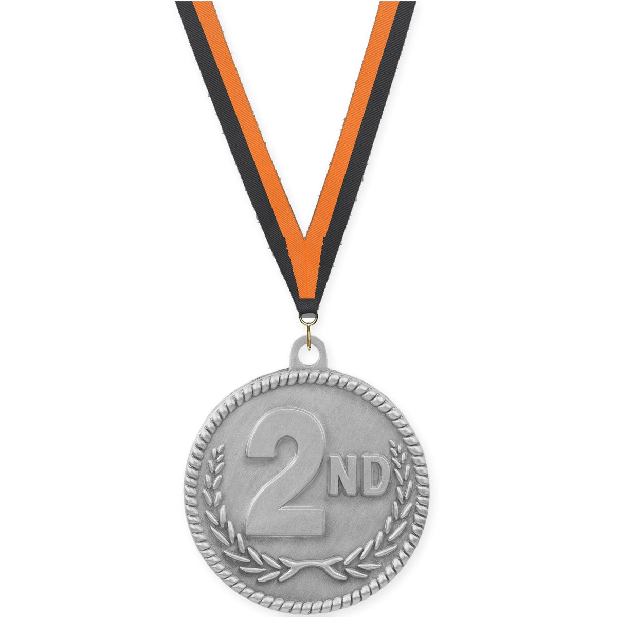 2 inch Place High Relief medal in silver - 2nd place with Black Orange neck ribbon