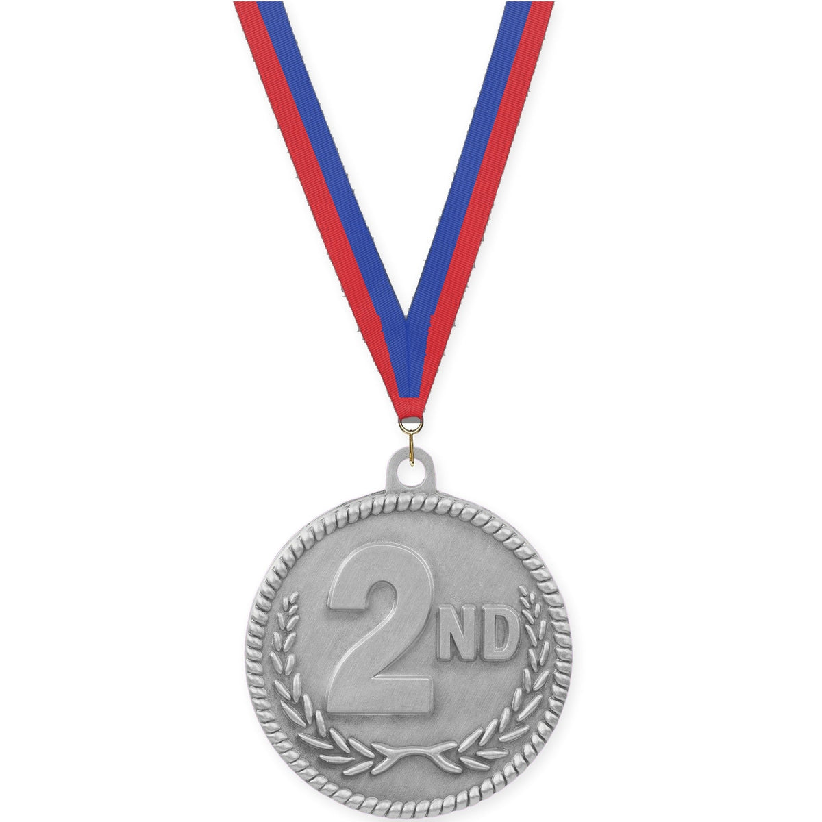 2 inch Place High Relief medal in silver - 2nd place with Blue Red neck ribbon