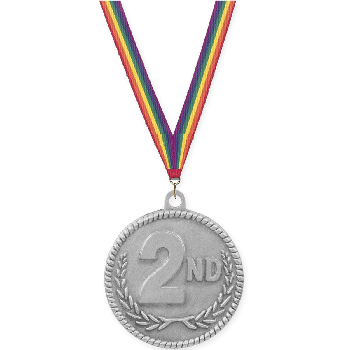 2 inch Place High Relief medal in silver - 2nd place with Rainbow neck ribbon
