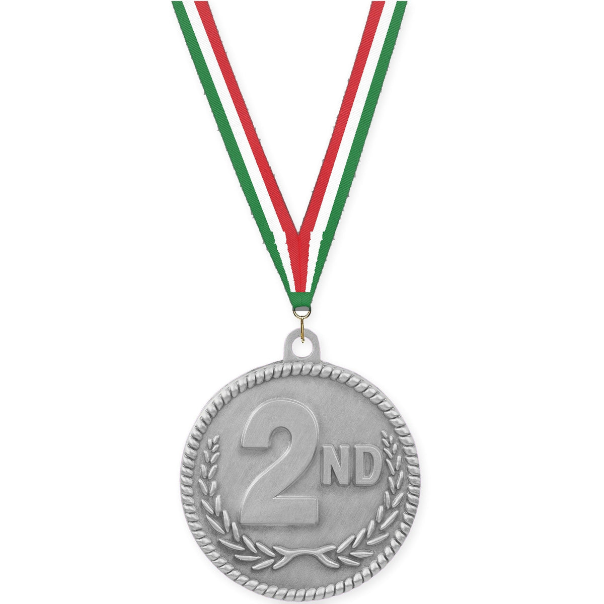 2 inch Place High Relief medal in silver - 2nd place with Green White Red neck ribbon