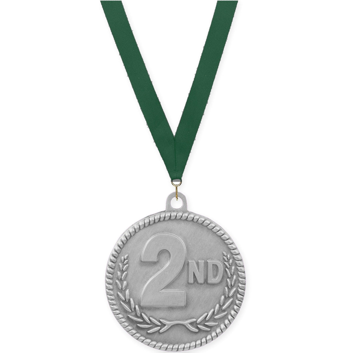 2 inch Place High Relief medal in silver - 2nd place with Hunter Green neck ribbon