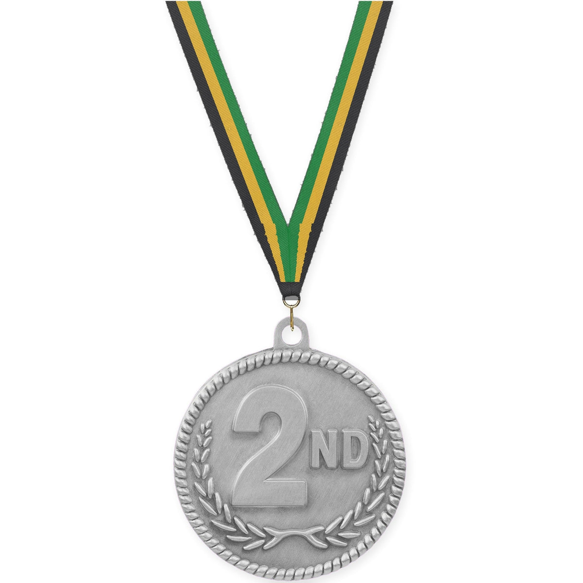 2 inch Place High Relief medal in silver - 2nd place with Black Gold Green neck ribbon
