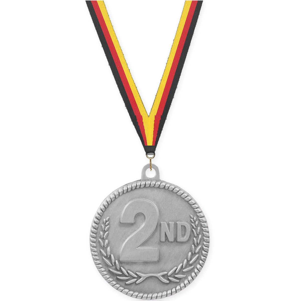 2 inch Place High Relief medal in silver - 2nd place with Black Red Yellow neck ribbon