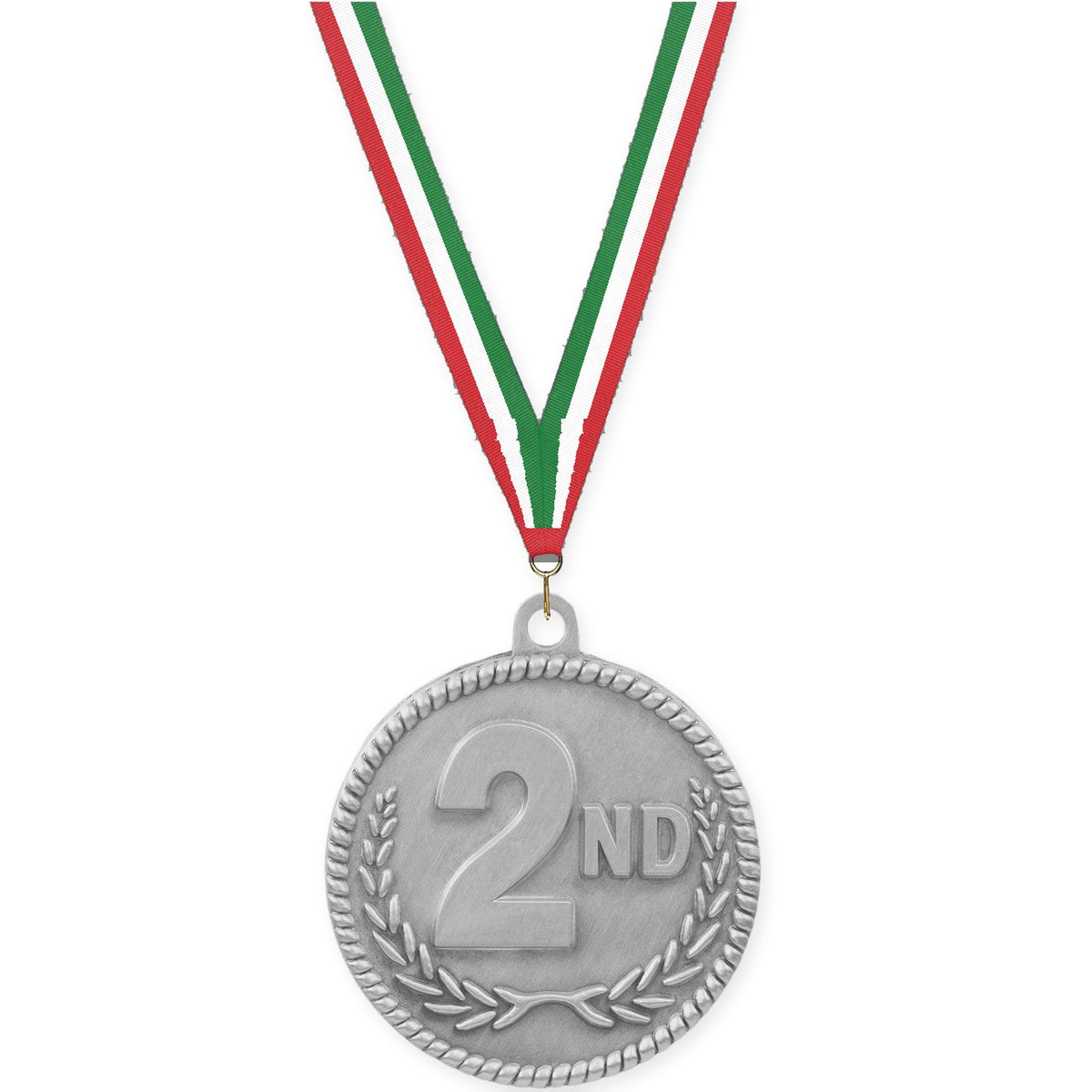 2 inch Place High Relief medal in silver - 2nd place with Red White Green neck ribbon
