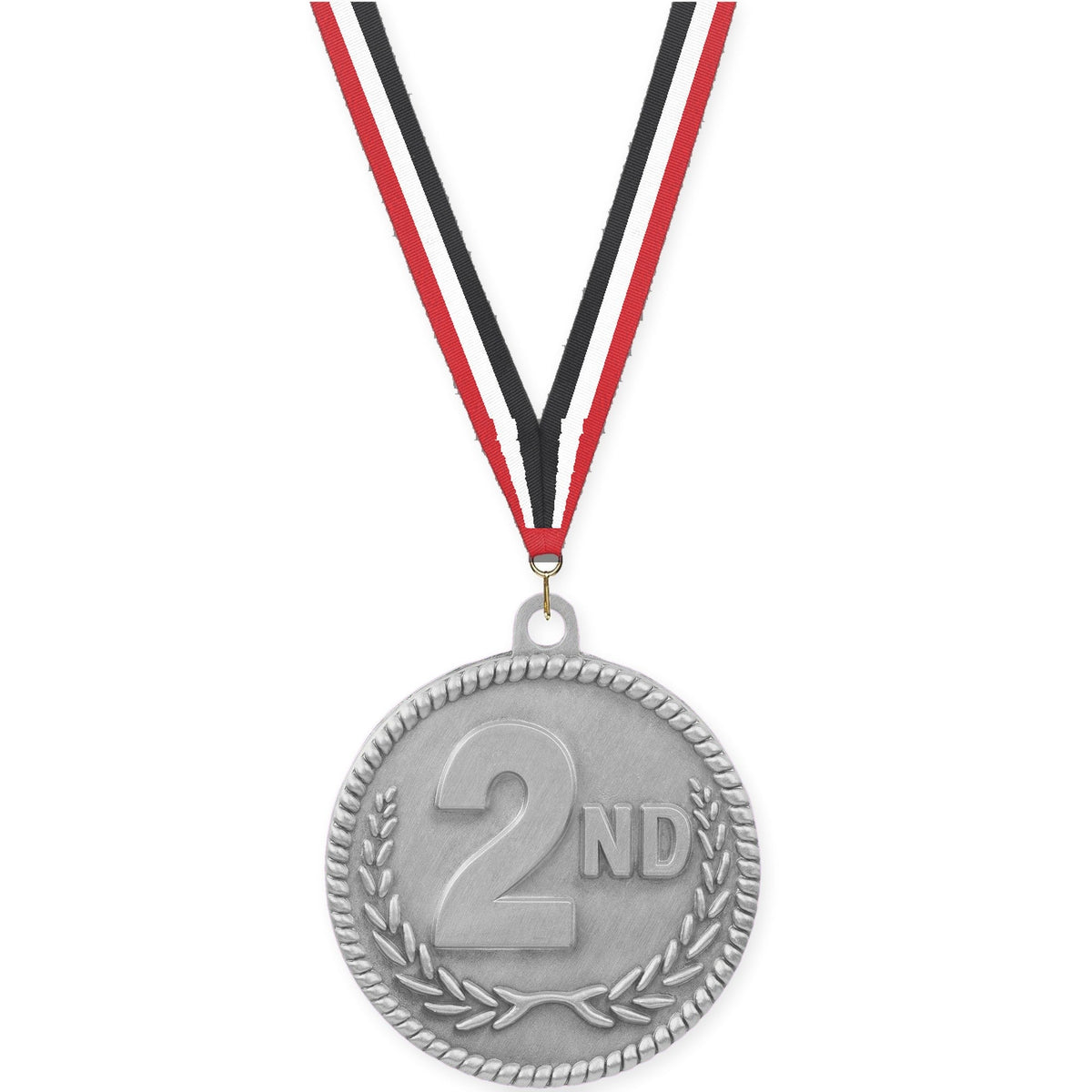 2 inch Place High Relief medal in silver - 2nd place with Red White Black neck ribbon